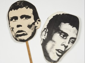 Card and wood objects depicting 'Bez' from the music group 'The Happy Mondays' produced by artist Jeremy Deller for an exhibition at artist Peter Doig's studio in 1994.