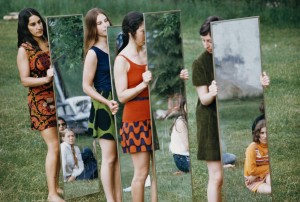 A photo of performers holding mirrors for Joan Jonas' 1969 work 'Mirror Piece 1'