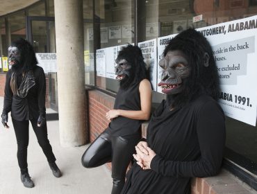 Guerrilla Girls artists Kathe Kollwitz, Zubeida Agha and Frida Kahlo during a press preview for an exhibition of works by the Guerrilla Girls titled "Not Ready To Make Nice: 30 Years And Still Counting," at the Abrams Art Center, 466 Grand St, New York, NY on Thursday, April 30, 2015. Photograph by Andrew Hinderaker