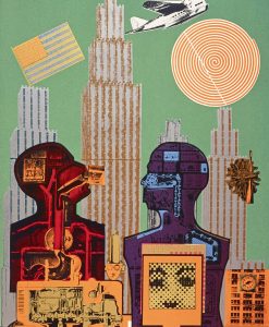 A detail from Eduardo Paolozzi, Wittgenstein in New York (from the series As is When), 1965. This is a screen-print on paper. The outline of two busts face each other in profile, their insides made up of machinery. The figure on the right is purple and blue while the one on the left is red and orange and tilts its head slightly upwards. Behind, skyscrapers emerge against a green backdrop.