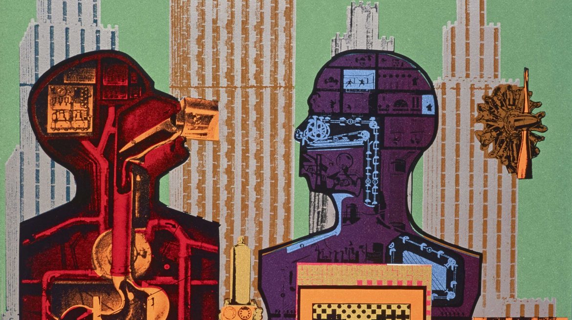 A detail from Eduardo Paolozzi, Wittgenstein in New York (from the series As is When), 1965. This is a screen-print on paper. The outline of two busts face each other in profile, their insides made up of machinery. The figure on the right is purple and blue while the one on the left is red and orange and tilts its head slightly upwards. Behind, skyscrapers emerge against a green backdrop.
