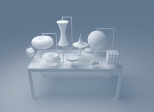 Otherworlds, a digital image of white rounded and geometric shapes on display stands