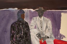 Painting of an older man and a younger man in conversation