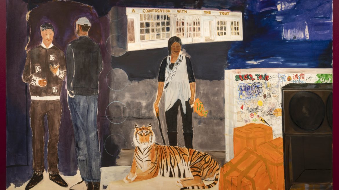 Painting of two men in conversation and a woman holding a flower standing behind a tiger next to a wall of grafitti