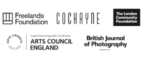 Logo block featuring 5 text logos in black for Freelands Foundation, Cockayne, The London Community Foundation, Arts Council England and British Journal of Photography